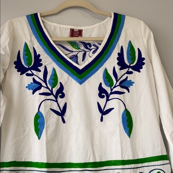 Boho Handmade Mini Dress Embroidered S/M 100%cotton Kelly Green/Blue Retail $208 - Picture 6 of 14